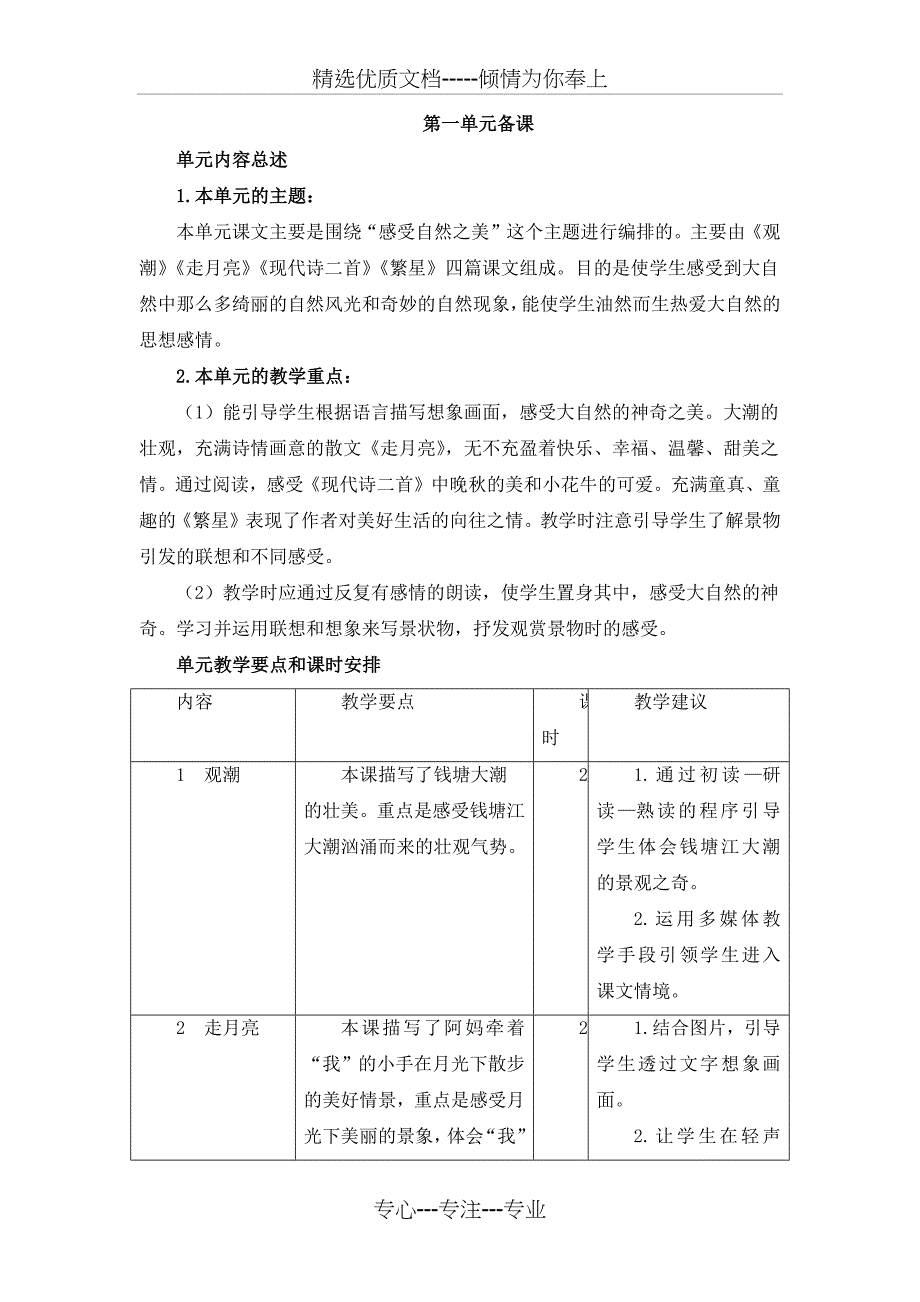 2019秋季部编版小学语文四年级年级上册全册单元备课(集体备课)集体单元备课-单元教材简析_第1页