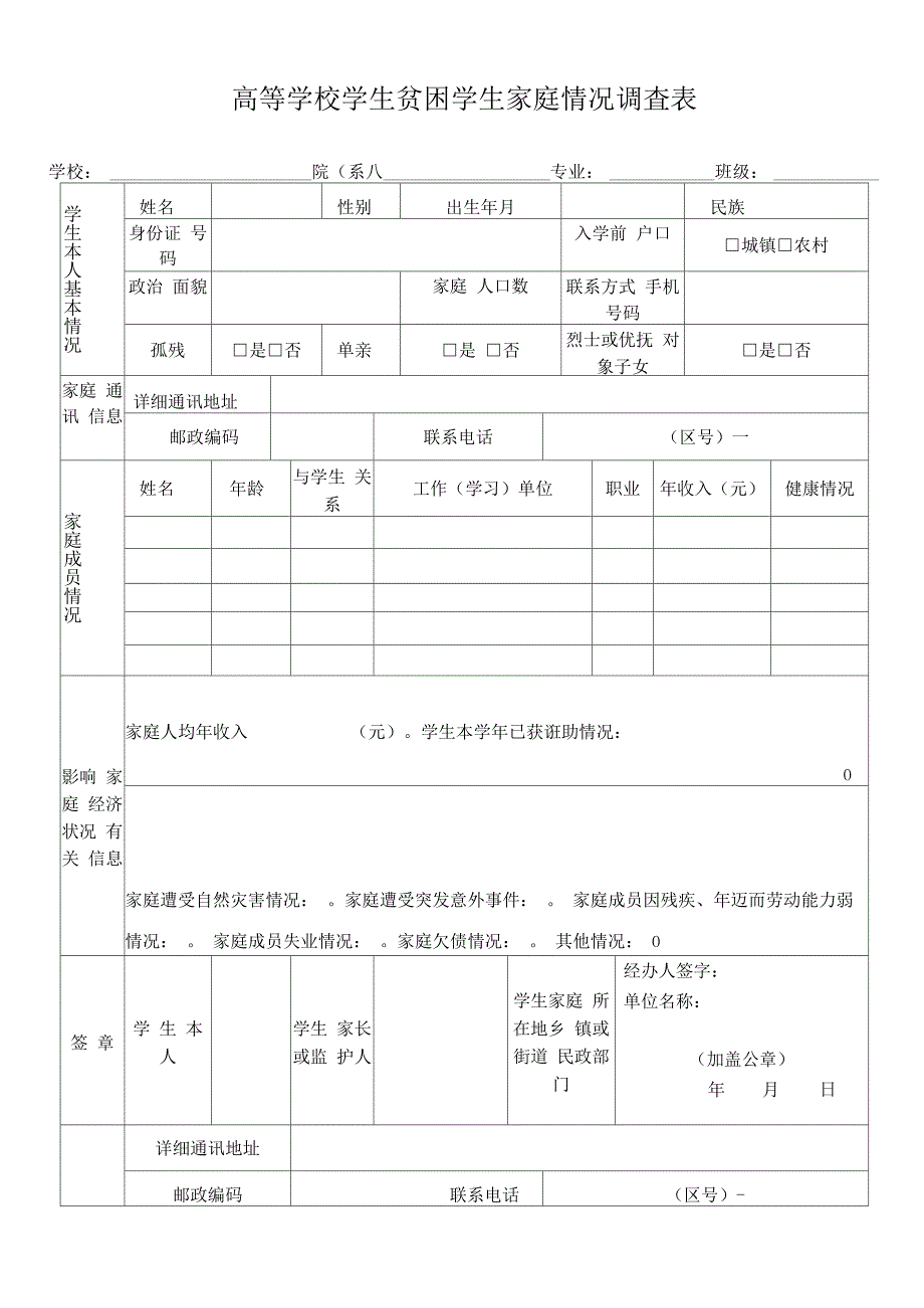 最新高等学校贫困学生家庭情况调查表_第1页