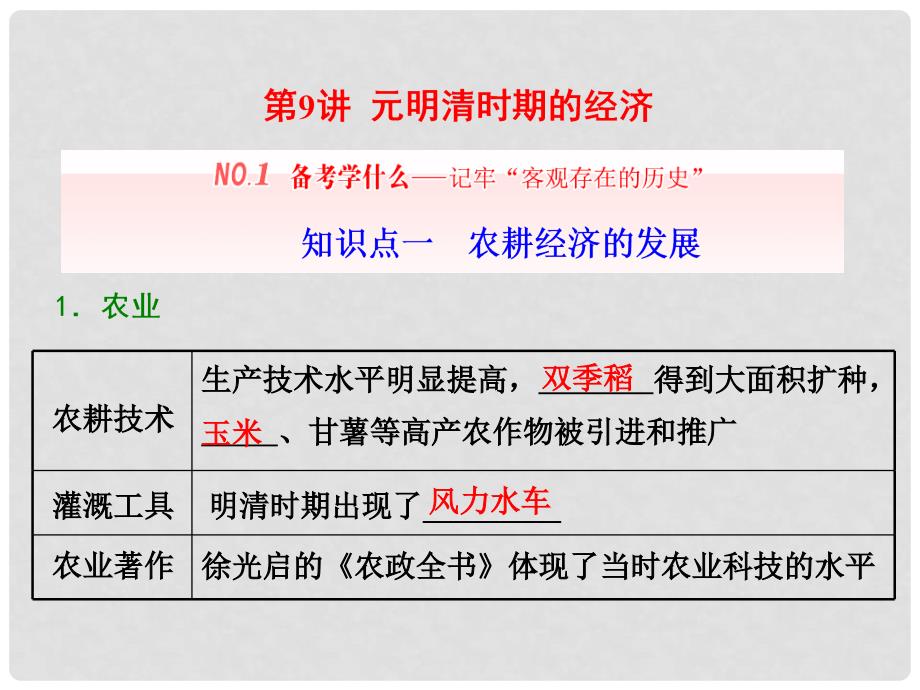 高三历史一轮复习 第一编 中国古代史 第一板块 第四单元 中华文明的转型—元明清（1840年前）时期 第9讲 元明清时期的经济课件 新人教版_第1页