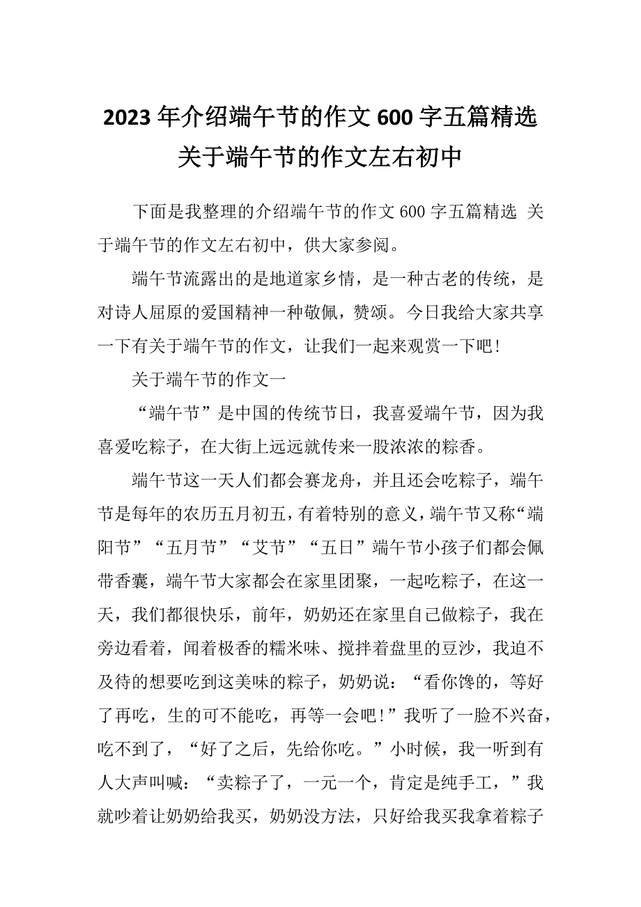 2023年介绍端午节的作文600字五篇精选关于端午节的作文左右初中_第1页