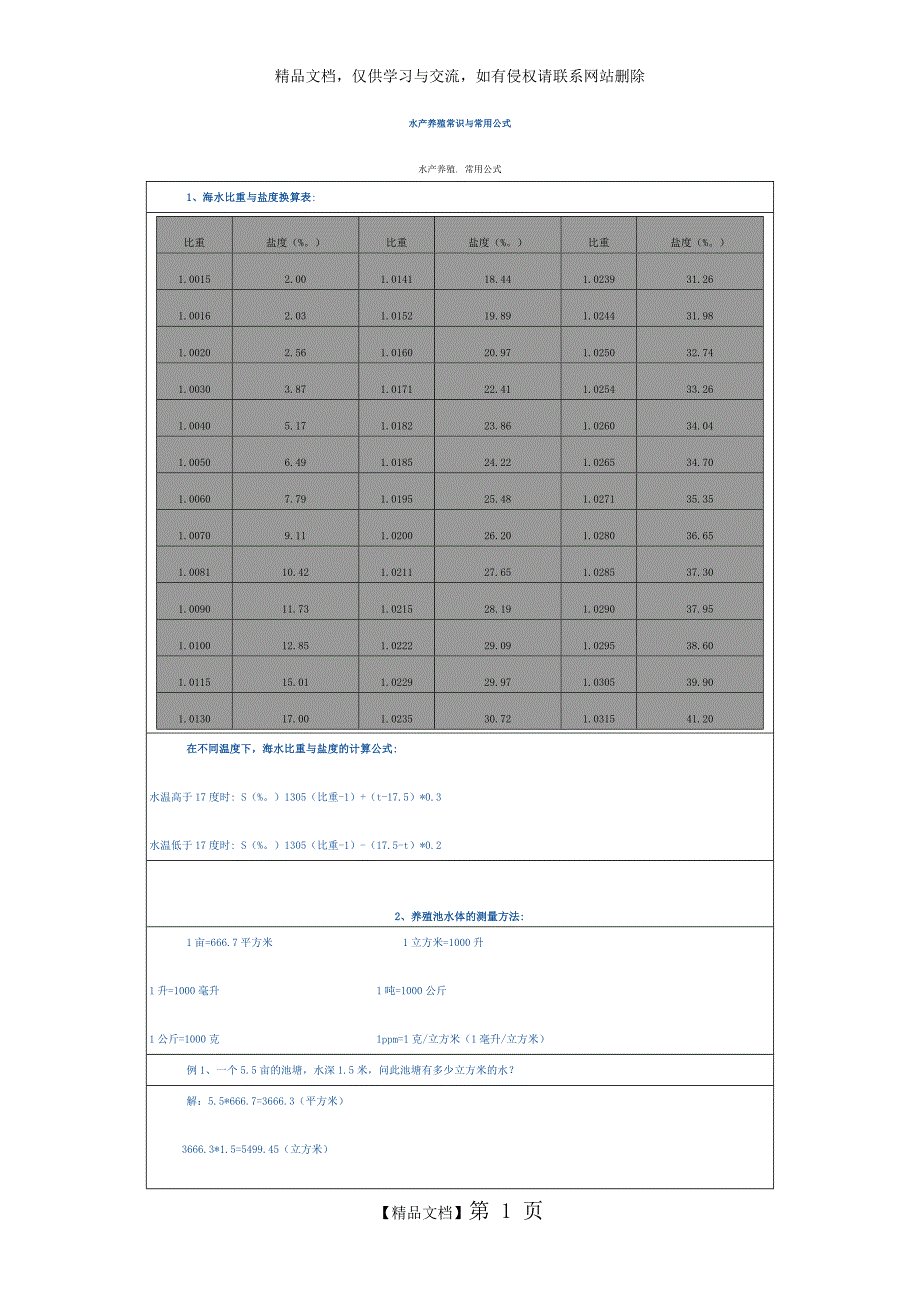 水产养殖常识与常用公式_第1页