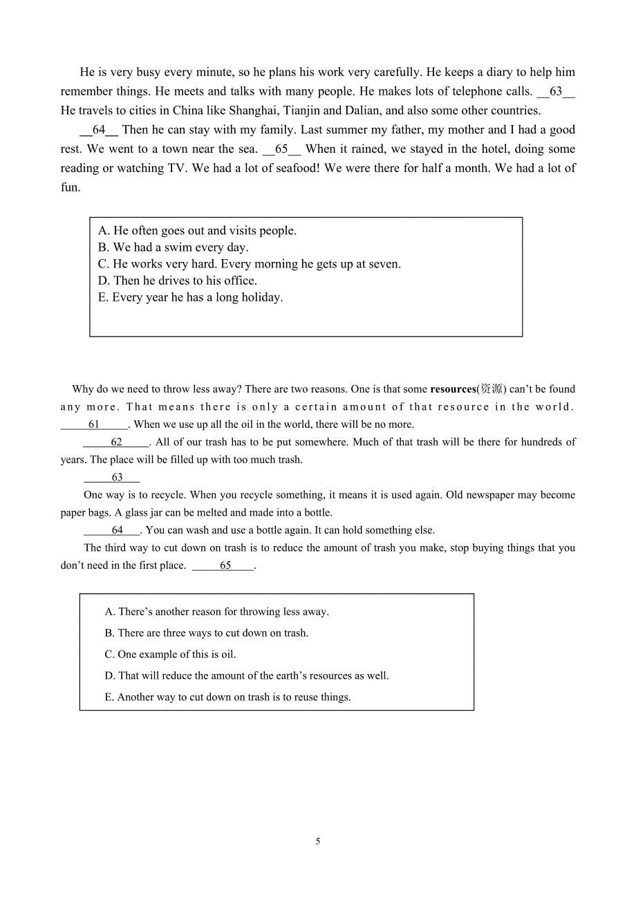 (完整word版)初中考初三英语中考补全文章五选五试题20篇.doc_第5页