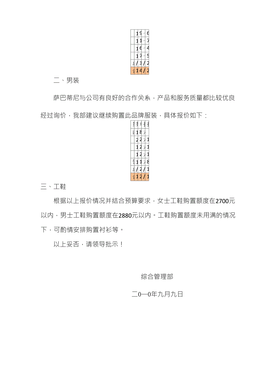 关于购置员工2010年度工装的请示_第2页