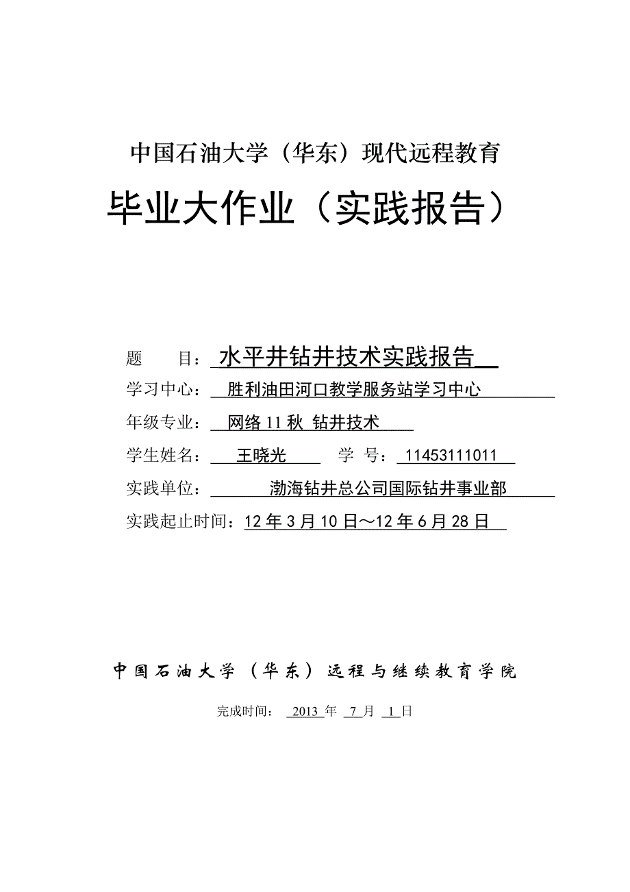 大学毕业大作业水平井钻井技术实践报告_第1页