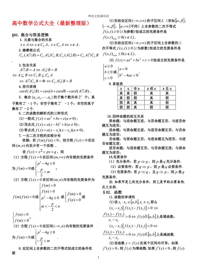 (完整版)高中理科数学公式大全(完整版).doc