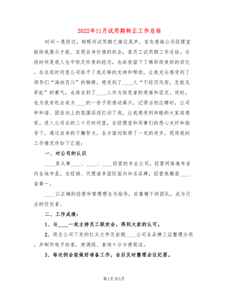 2022年11月试用期转正工作总结_第1页