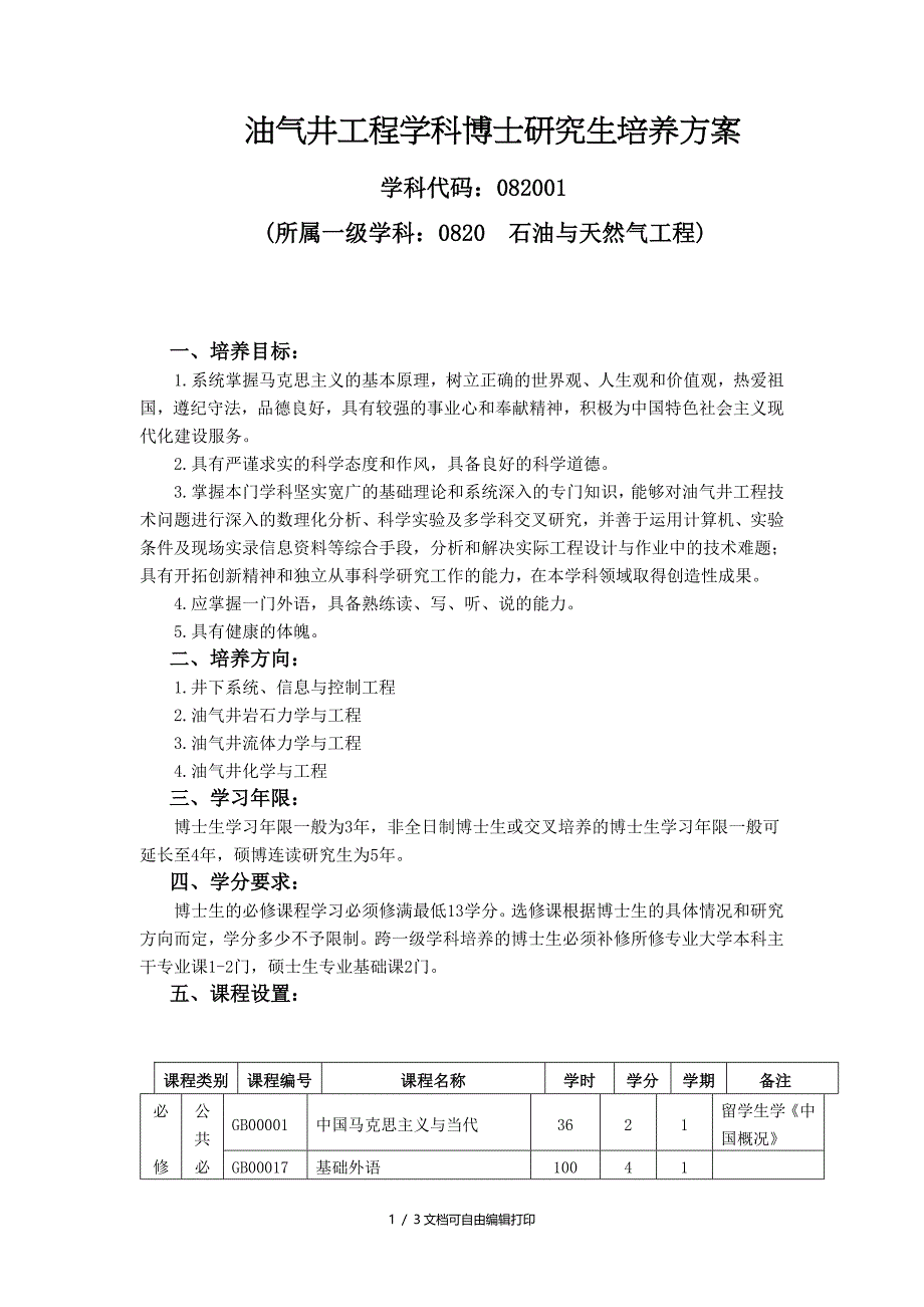 油气井工程学科博士研究生培养方案_第1页