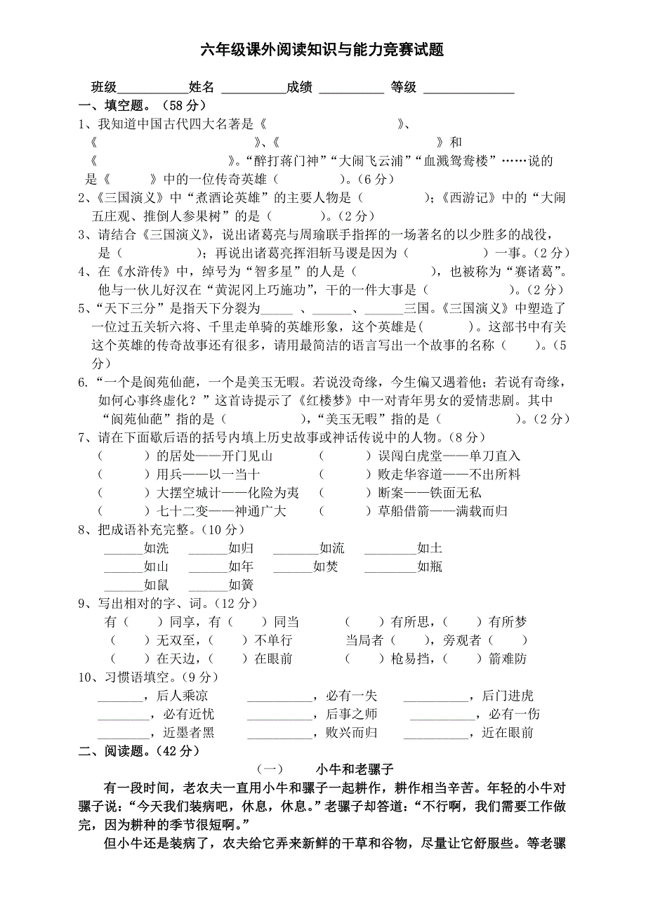 六年级课外阅读知识与能力竞赛试题_第1页