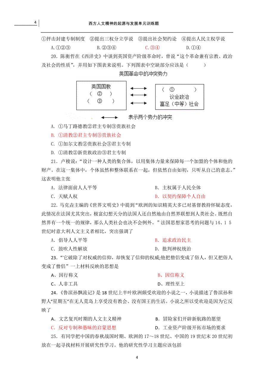 西方人文精神的起源与发展单元训练题_第4页