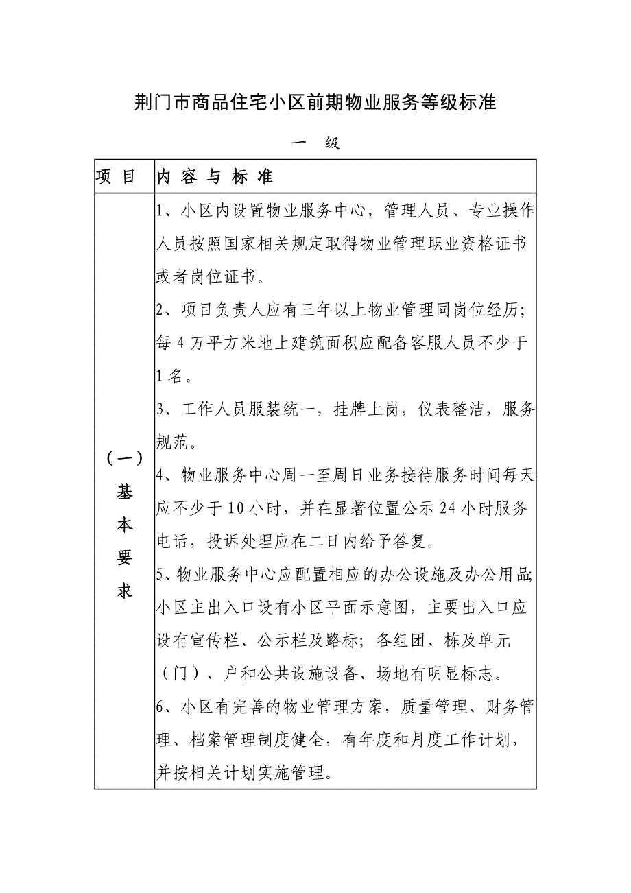 荆门商品住宅小区前期物业服务等级标准_第1页