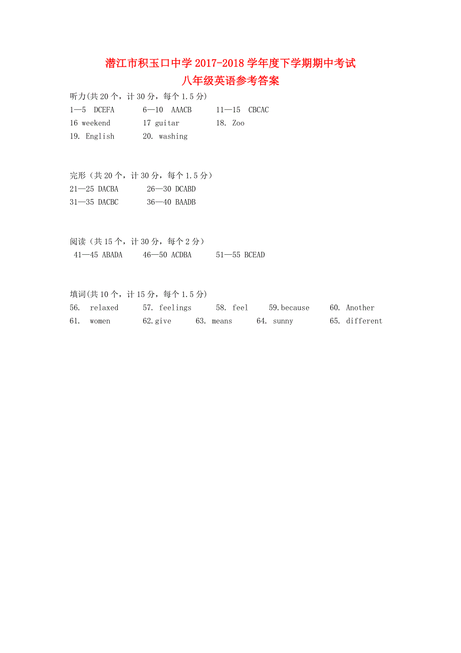 湖北省潜江市积玉口中学2017-2018学年度八年级英语下学期期中试题答案 仁爱版_第1页
