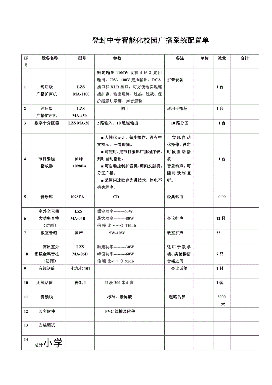 校园广播系统配置单_第1页