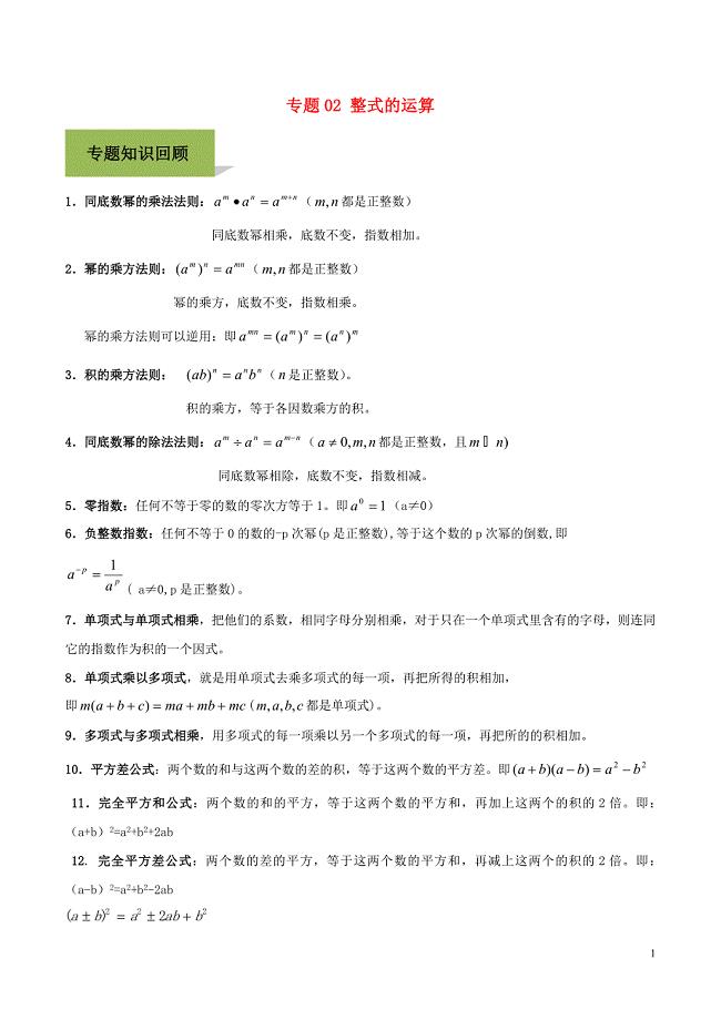 2023学年中考数学必考考点专题2整式的运算含解析.docx