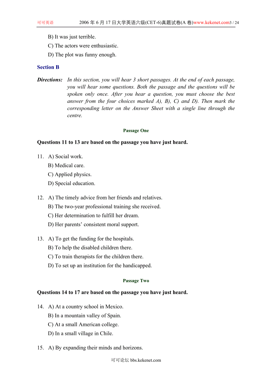 2006年6月17日大学英语六级(CET-6)真题试卷(A卷)及答案_第3页