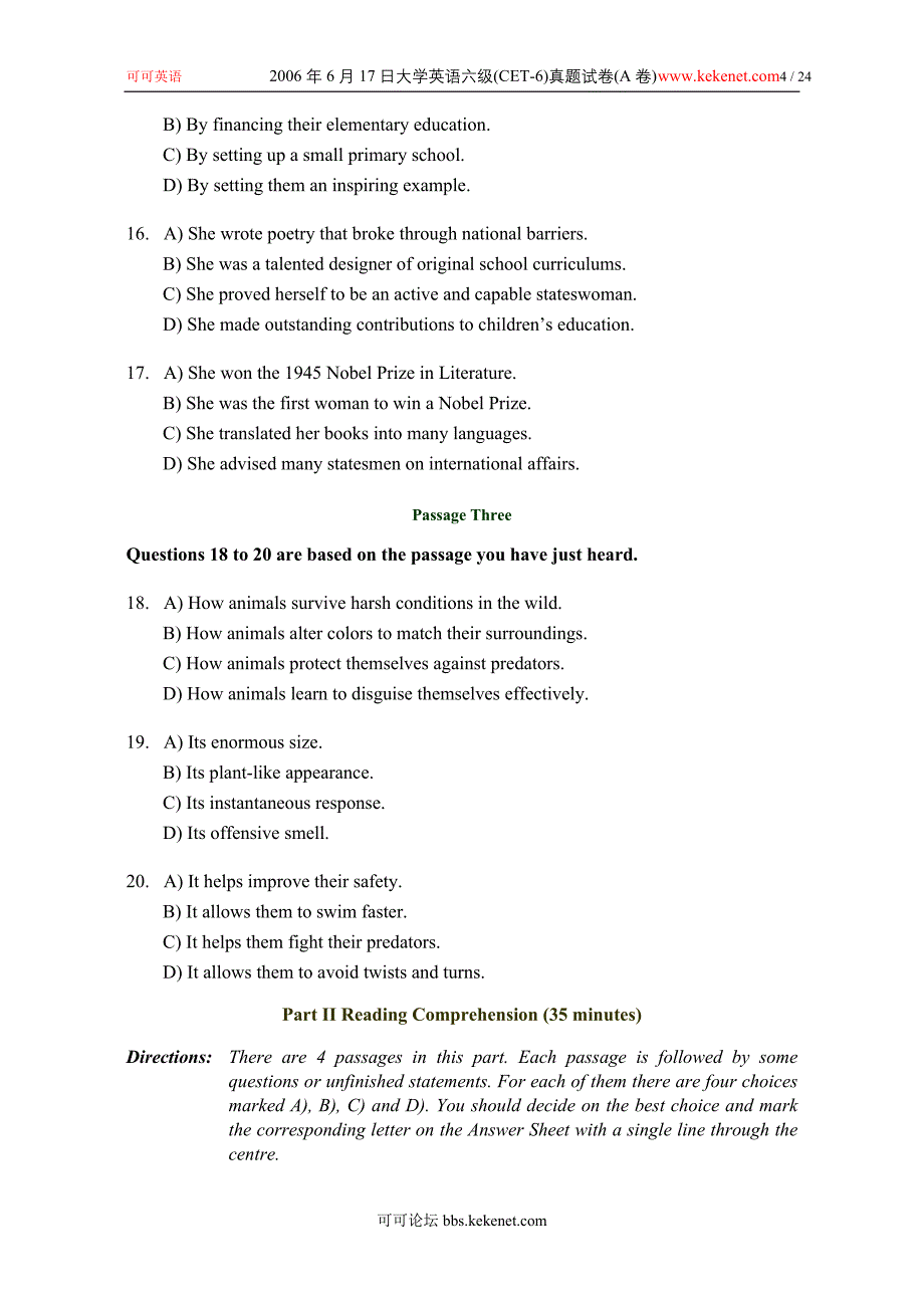 2006年6月17日大学英语六级(CET-6)真题试卷(A卷)及答案_第4页