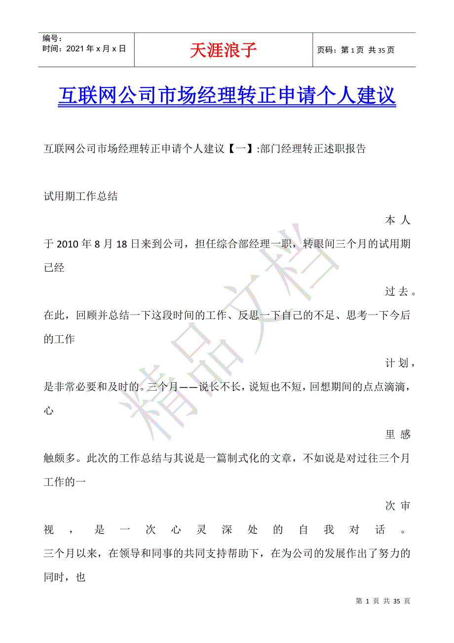 互联网公司市场经理转正申请个人建议.docx_第1页