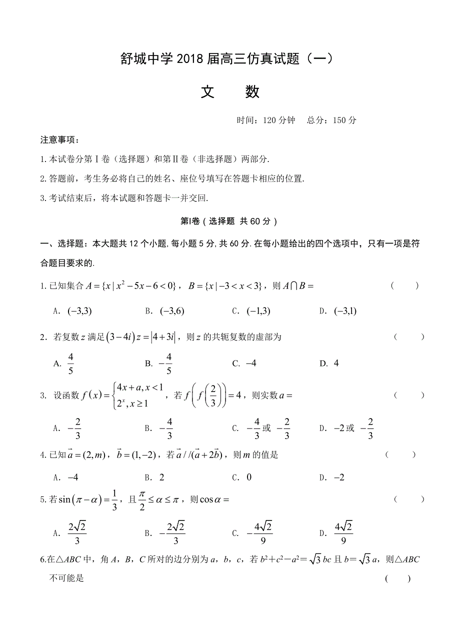 安徽省六安市舒城中学高三仿真一数学文试卷含答案_第1页