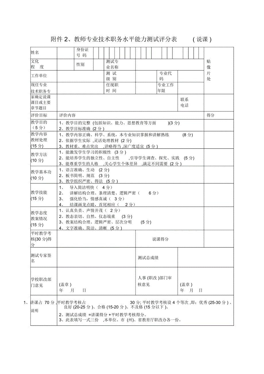 教师专业技术职务水平能力测试评分表说课_第1页