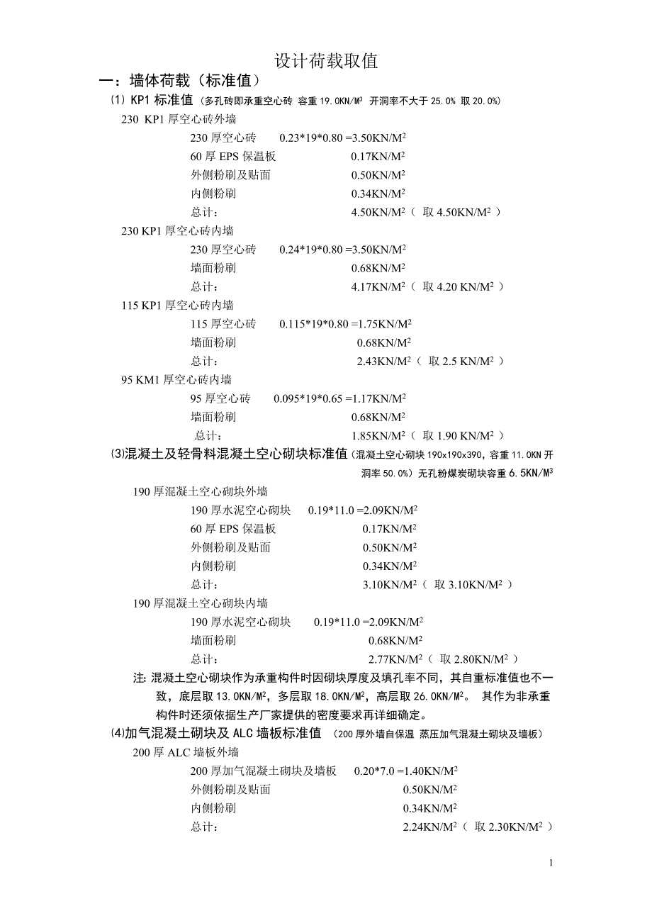 常用墙体荷载取值_第1页