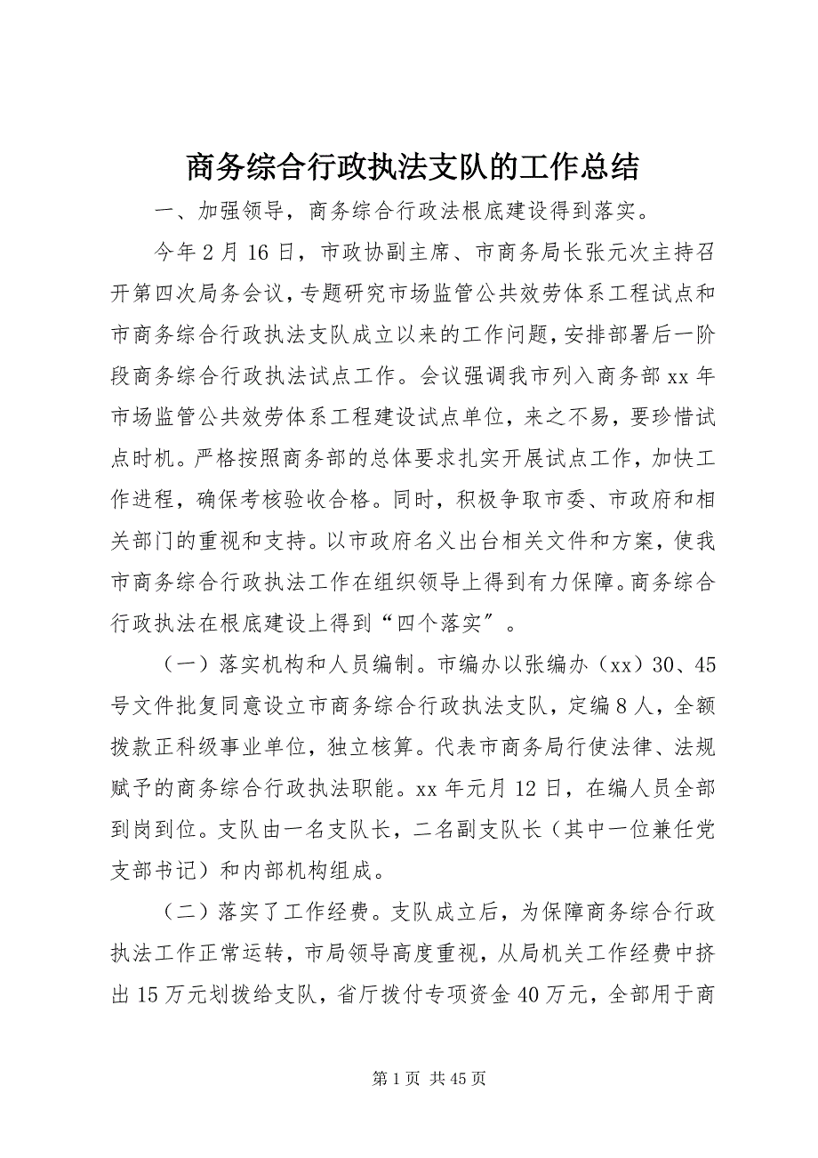 2023年商务综合行政执法支队的工作总结.docx_第1页