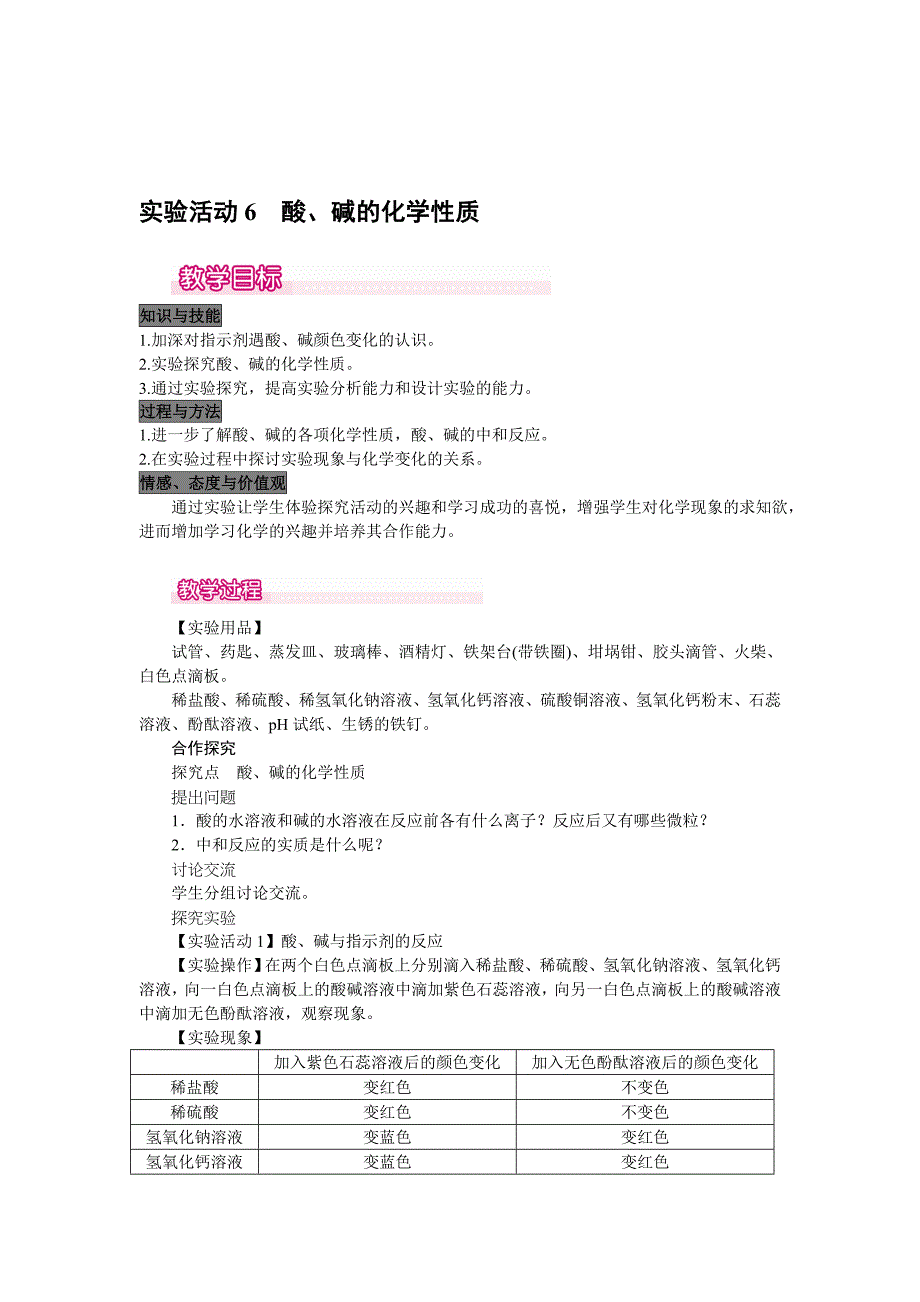 初三人教版九年级化学下册教案3第十单元酸和碱实验活动6酸碱的化学性质_第1页