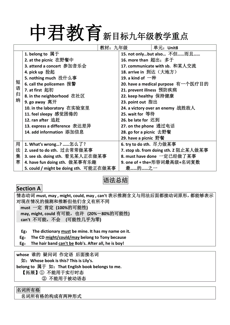 新目标九年级Unit8短语及语法知识点_第1页