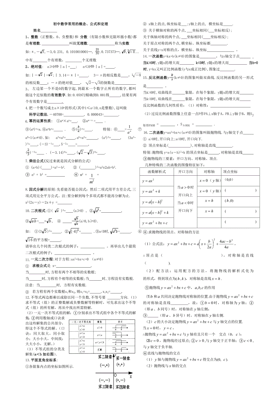 初中数学常用概念、公式、定理_第1页