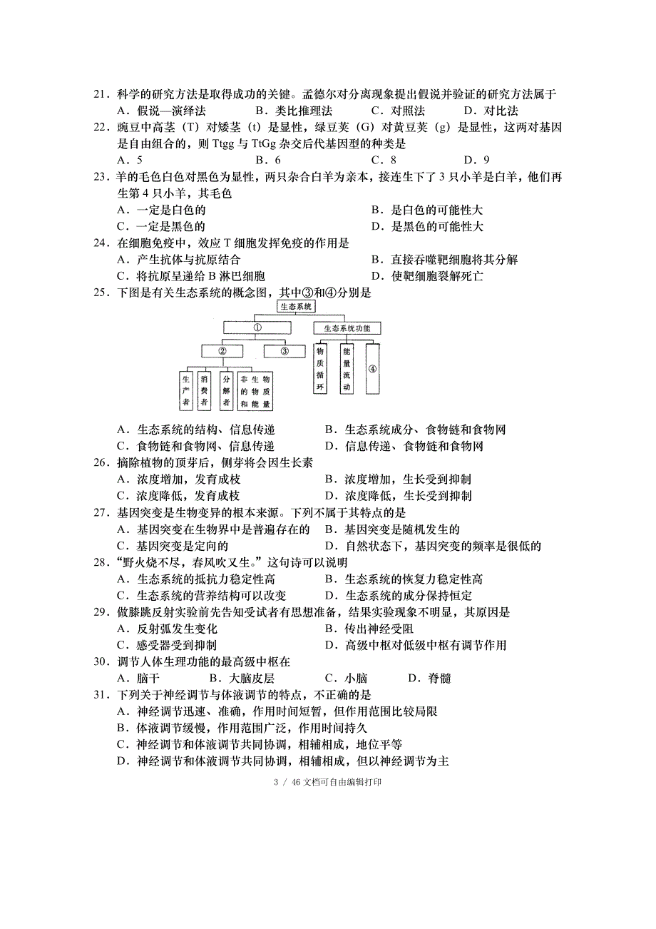 人教版高中生物模拟试题及答案汇编6套_第3页