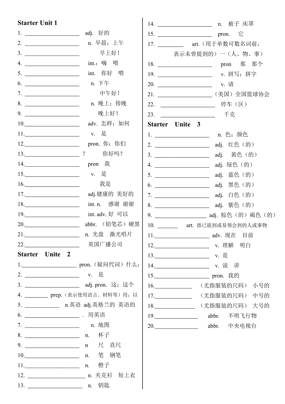 新版人版七年级上英语单词中文_第1页