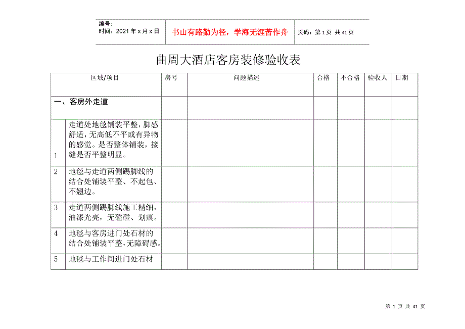 曲周大酒店客房检查表_第1页