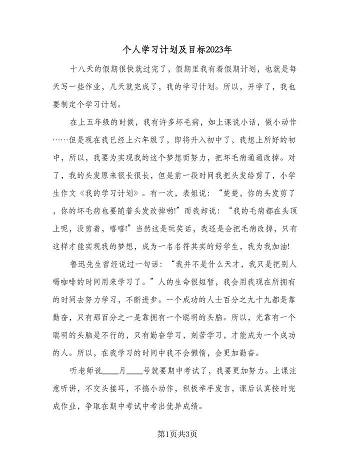 个人学习计划及目标2023年（二篇）.doc