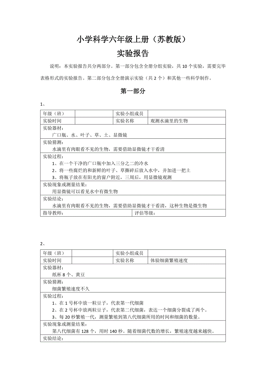 2023年小学科学六年级上册苏教版实验报告六年级_第1页