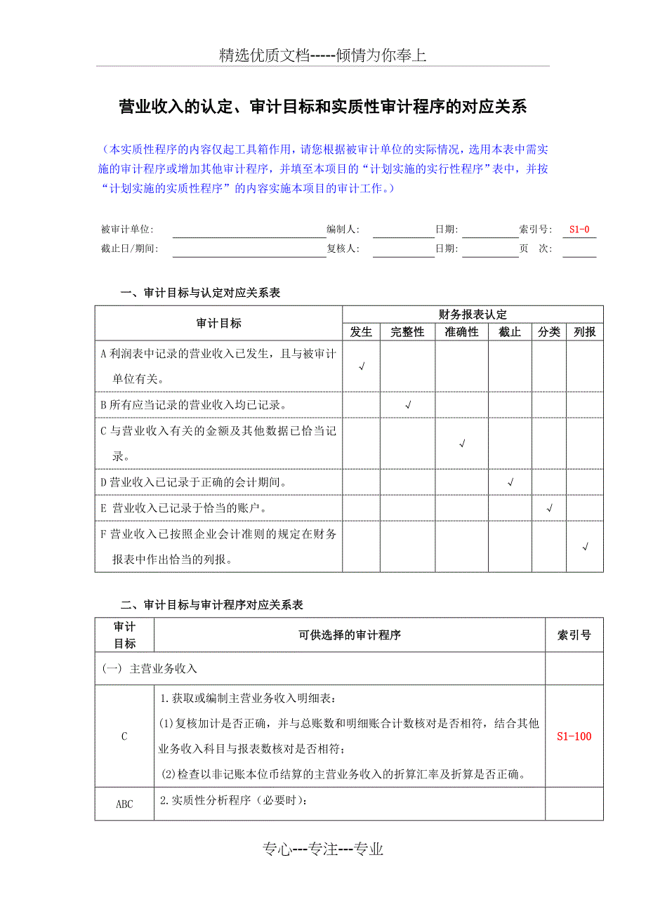 S1-0营业收入的认定、审计目标和实质性程序的对应关系_第1页