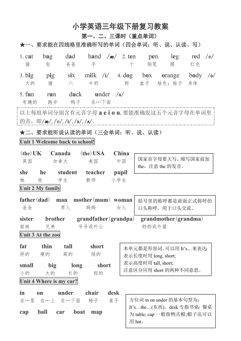 新PEP小学英语三年级下册总复习教案_第1页