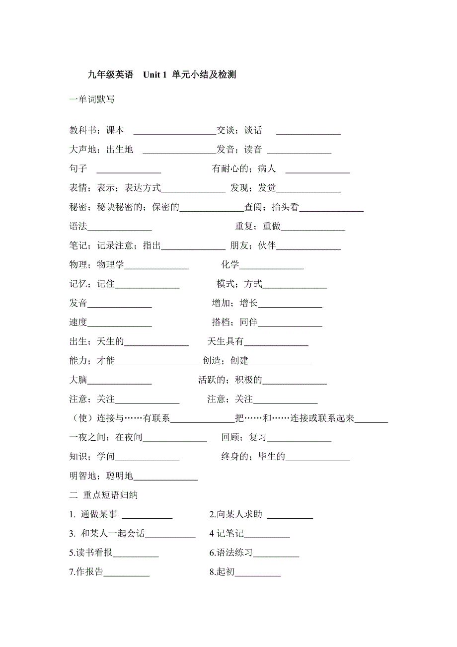 九年级英语Unit1单元小结及检测_第1页