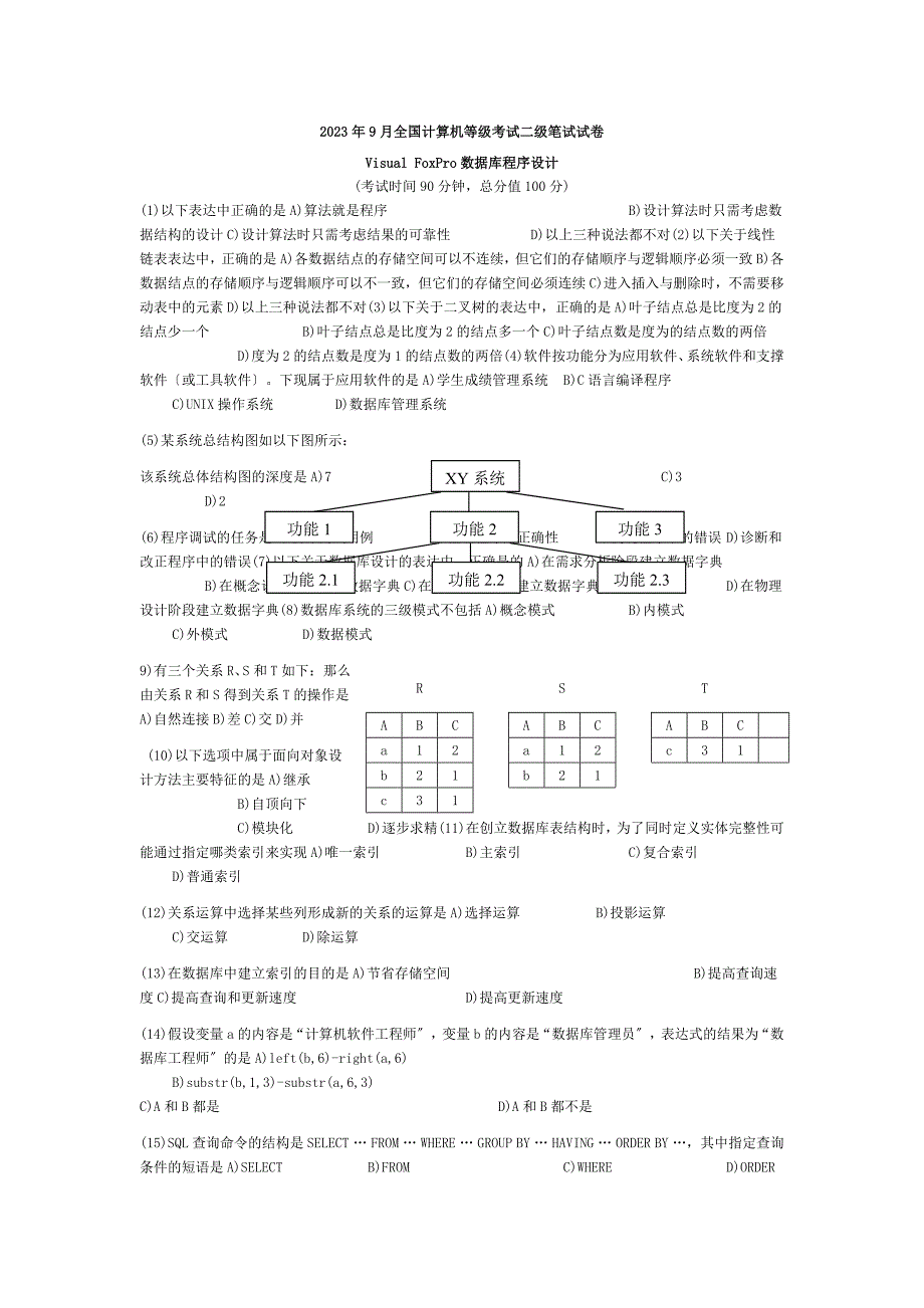 2023年9月二级VF笔试真题及答案(标准Word文字版)[1]_第1页