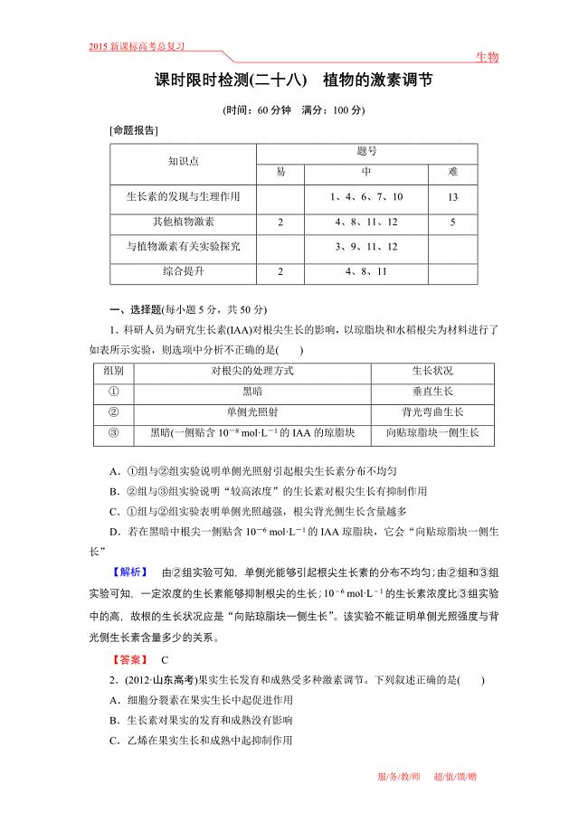 课时限时检测28 必修3 第1单元.doc