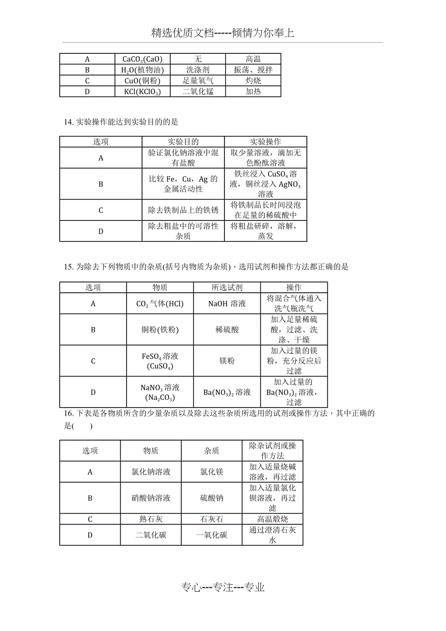 2018-初三化学除杂问题模拟考试_第4页