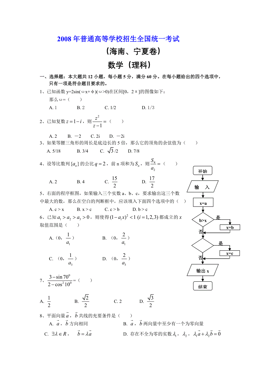 2008年普通高等学校招生全国统一考试海南宁夏数学理科试卷含答案.doc_第1页