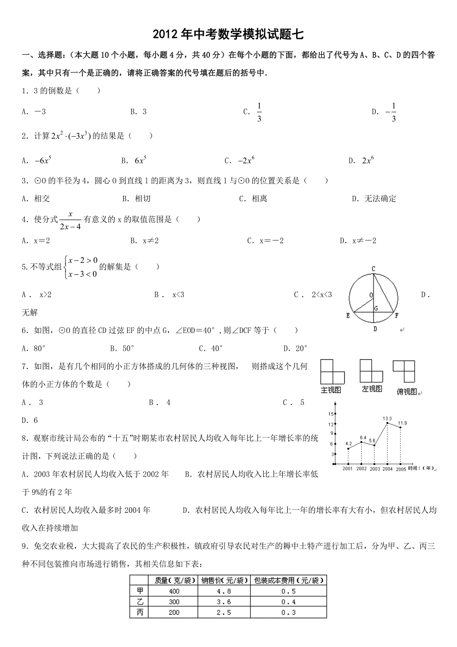 2012年全新中考数学模拟试题(七)及答案_第1页