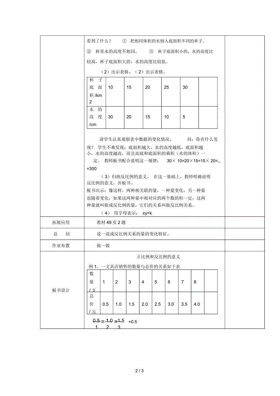 2015六级数学下册正比例和反比例的意义教案_第2页