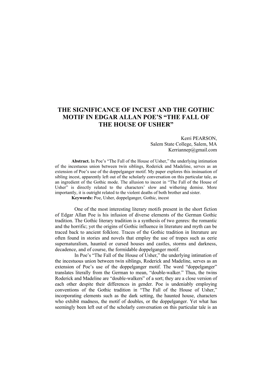 THE SIGNIFICANCE OF INCEST AND THE GOTHIC MOTIF IN EDGAR ALLAN POE’S “THE FALL OF THE HOUSE OF USHER”_第1页