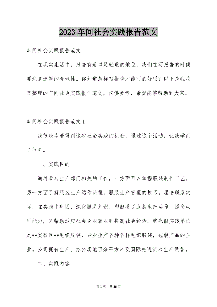 2023车间社会实践报告范文_第1页