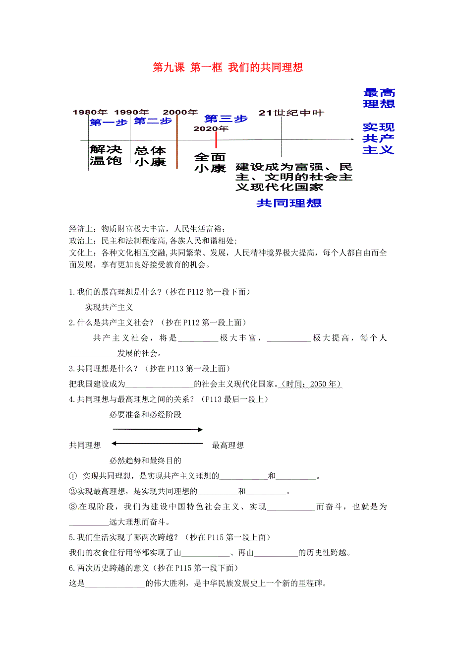 广东省广州市花都区赤坭中学九年级政治全册9.1我们的共同理想笔记无答案新人教版_第1页