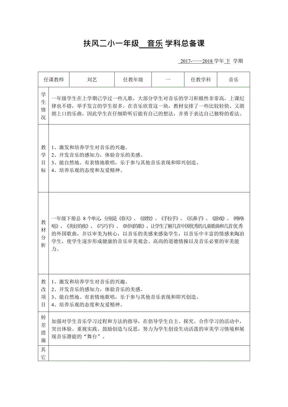 人音版一年级下册音乐教学计划(最新整理)_第1页