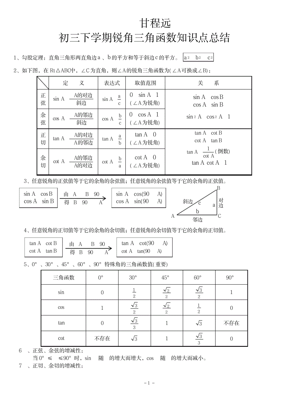 2023年初中三角函数知识点归纳总结全面汇总归纳_第1页