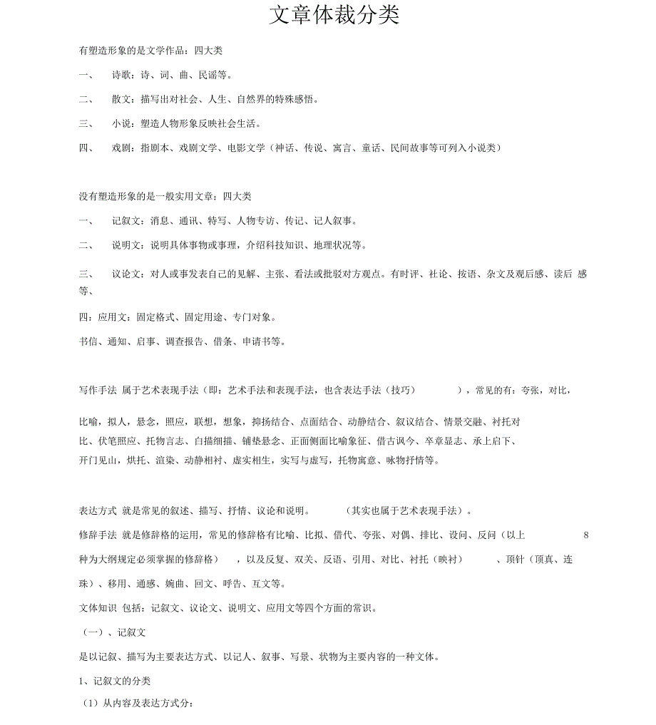 文章体裁分类文体常识及写作手法搜集讲解_第1页