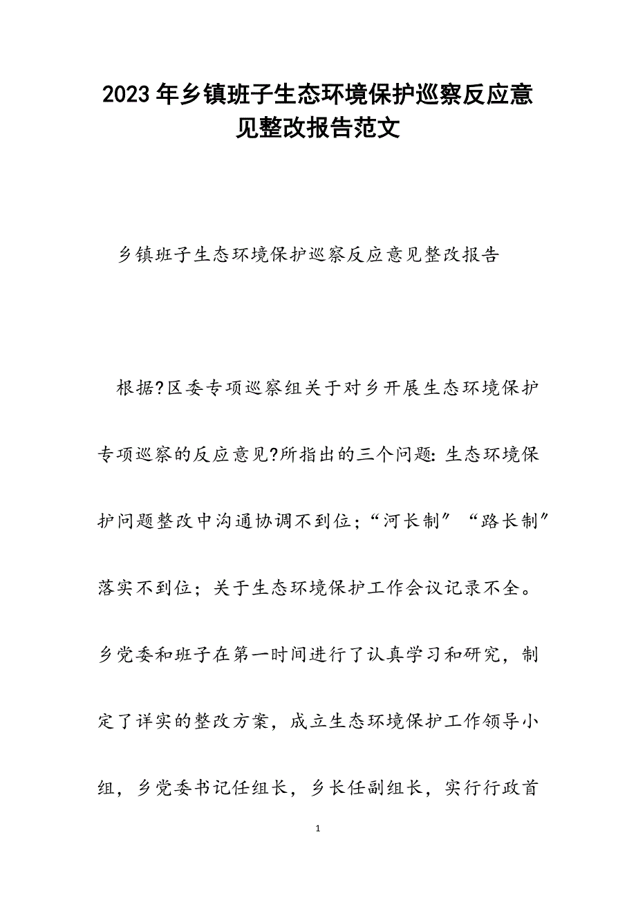 2023年乡镇班子生态环境保护巡察反馈意见整改报告.docx_第1页