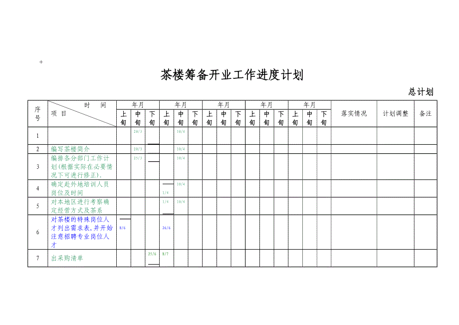 茶楼筹备开业工作进度计划_第1页