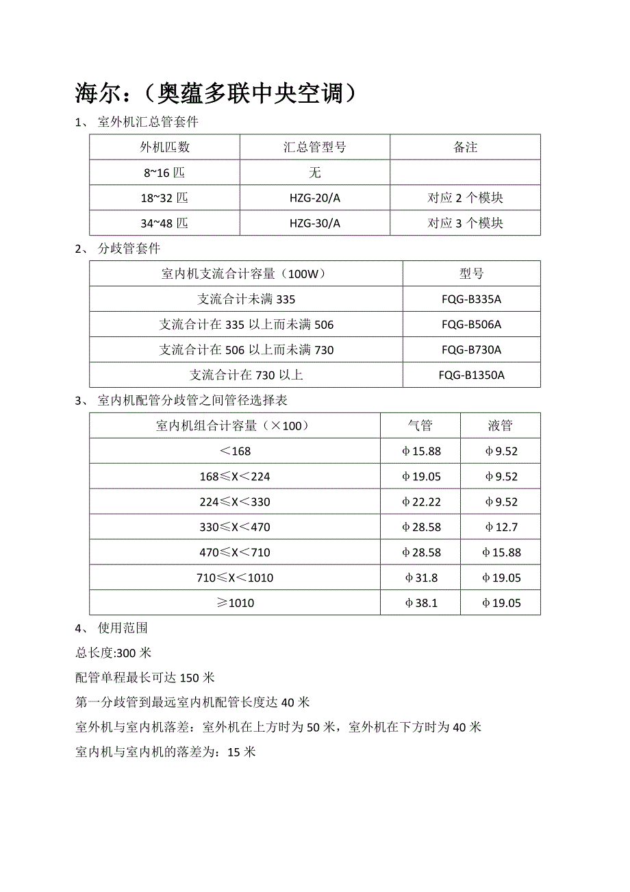 各厂家多联机分歧管及管径选择标准_第1页